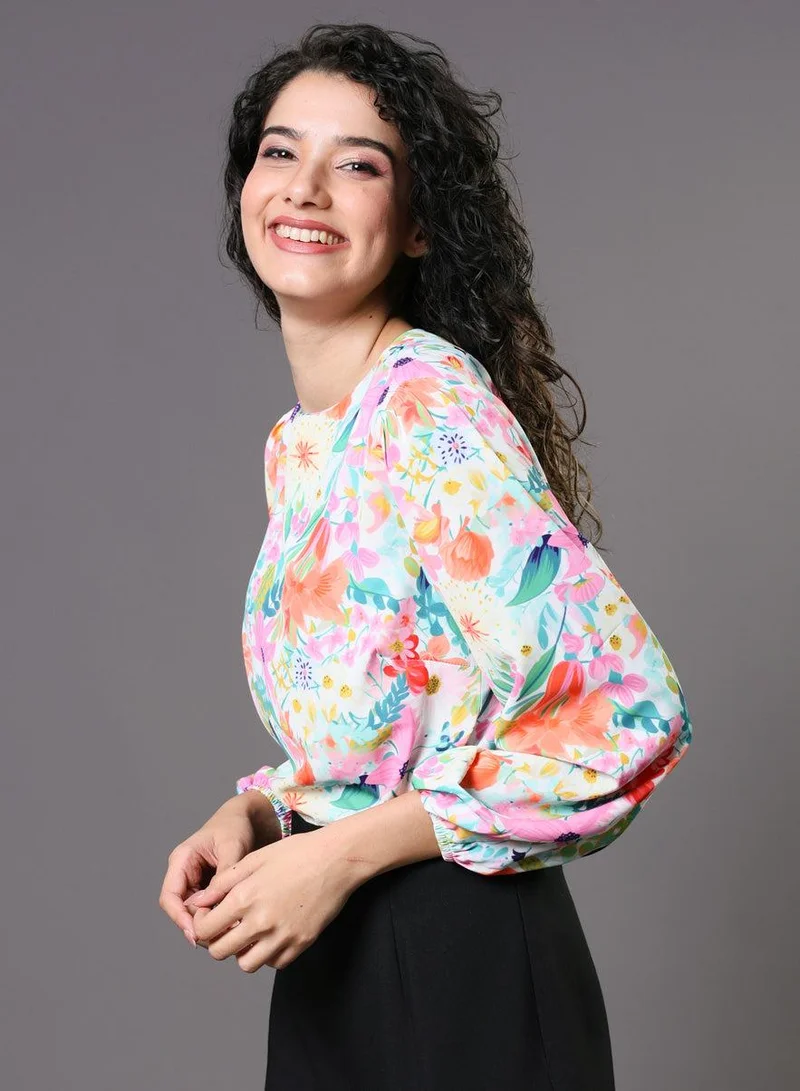 Zigzag  Multi Color Floral Elastic Sleeve Top for Women | Best Price UAE